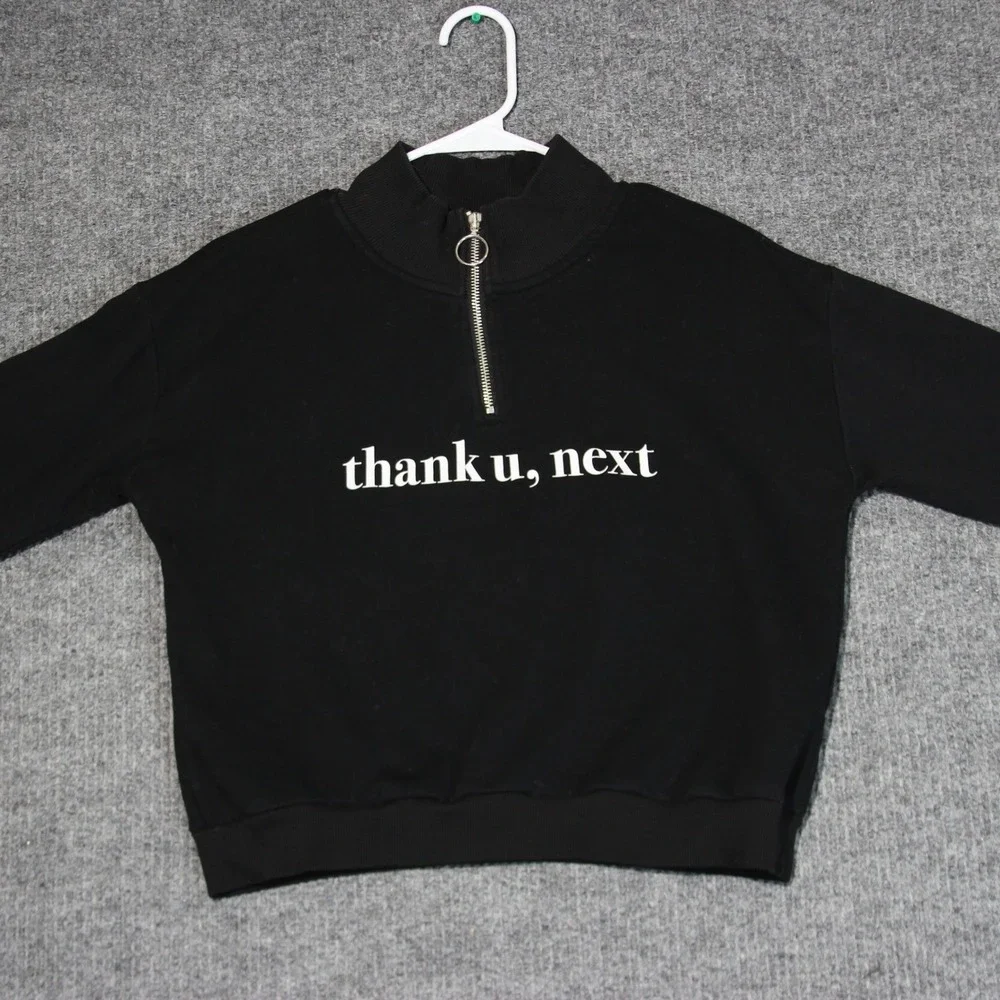 HM Ariana Grande Thank U Next Black 1/4 Zip Pullover Sweatshirt Cropped Youth 14
